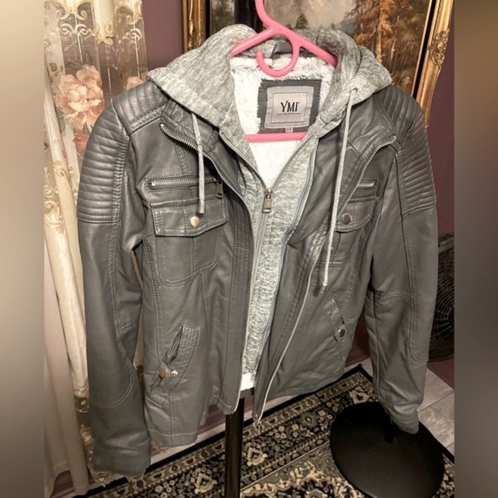 Super cute dark grey leather moto jacket ~ layered grey cotton hoodie design